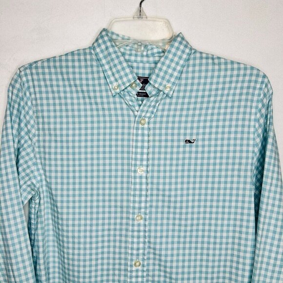 Vineyard Vines Button Down Check Whale Shirt Boy’s Size M (12-14) Aqua/White - Picture 2 of 8